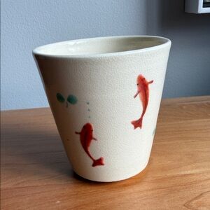 Vintage Signed Japanese Goldfish Mino Ware Cup Hand-Painted Ceramic Gold Rim